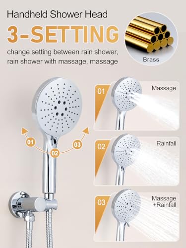 Woindo Shower Faucet Set 10" Rain Shower Head/8'' Side Shower Head and 3 Setting Handheld Ceiling Mount 3 Push Button Diverter Complete Rainfall Round Shower System Included Valve Trim Kit - color: Chrome Polished, style: 10"-R-Ceiling-02