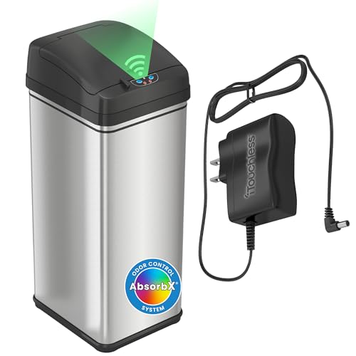 iTouchless Patented 13 Gallon Motion Sensor Trash Can with Odor Filter, Pet Lock & AC Adapter | 50L Stainless Steel Kitchen Garbage Bin, Fits Standard Bags, Fingerprint-Proof Wastebasket, Silver - color: Light Silver
