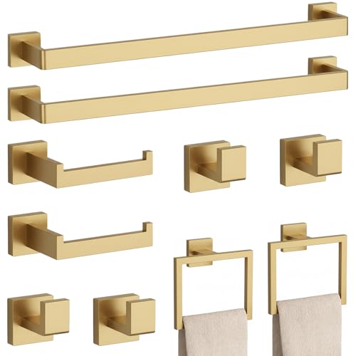 10-Piece Brushed Gold Bathroom Accessories Set – 23.6" Towel Bar, Towel Ring, Toilet Paper Holder & Hooks, Wall Mounted Bathroom Hardware, Rust & Corrosion-Resistant, Ideal for Modern Bathrooms - color: Brushed Glod, size: 10 Piece