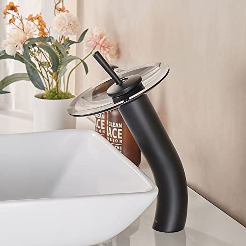 Waterfall Bathroom Faucet Glass Single Handle Solid Brass Basin Lavatory Vessel Sink Vanity Faucet, Tall, Black - color: Black