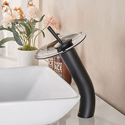 Waterfall Bathroom Faucet Glass Single Handle Solid Brass Basin Lavatory Vessel Sink Vanity Faucet, Tall, Black - color: Black