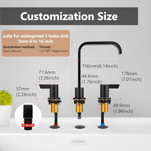 Matte Black Bathroom Faucet 3 Hole 8 Inch Widespread Waterfall | 2-Handle Vanity Faucet, Pop-Up Drain, Supply Lines, Adjustable 4- to 16-Inch Widespread Fit, 360° Swivel Spout - color: Matte Black