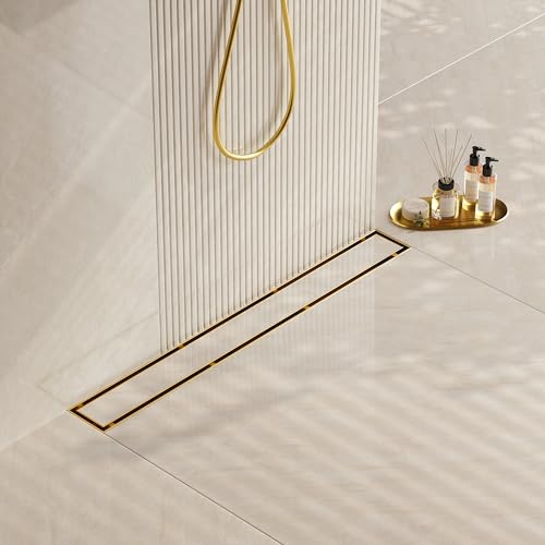 Neodrain 36" GoldLinear Shower Drain,2-in-1 Flat& Tile Insert Cover | 304 Stainless Steel,Fast Drainage, Durable,Rectangle Shower Floor Drain with Adjustable Feet,Hair Strainer,Fits Bathrooms - color: Golden, size: 36 In