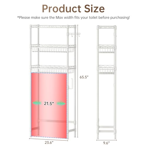 Golpart 3-Tier Over-The-Toilet Storage Shelf,Heavy-Duty Adjustable Bathroom Rack with 2 Mesh Baskets,Toilet Paper Holder & Hooks,Space-Saving Organizer for Bathroom,10”D x 24”W x 66”H,White