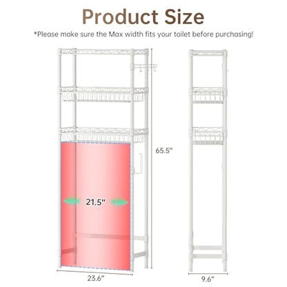 Golpart 3-Tier Over-The-Toilet Storage Shelf,Heavy-Duty Adjustable Bathroom Rack with 2 Mesh Baskets,Toilet Paper Holder & Hooks,Space-Saving Organizer for Bathroom,10”D x 24”W x 66”H,White
