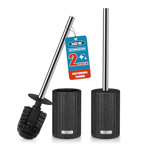 2 Pack Toilet Bowl Brush and Holder, Long Stainless Steel Handle, Black | Durable Toilet Scrubber Bristles, Toilet Brush and Holder Set, Deep Cleaning Toilet Brush for Bathroom, Ceramic-Look - size: 2 Pack