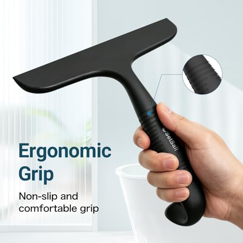 SetSail Shower Squeegee for Glass Doors,One-piece All Silicone Squeegee | Streak-Free Bathroom Squeegee for Shower Glass Window Mirror Tile Wall, Built-in Hook, Ergonomic Grip, Black（9.5-inch）
