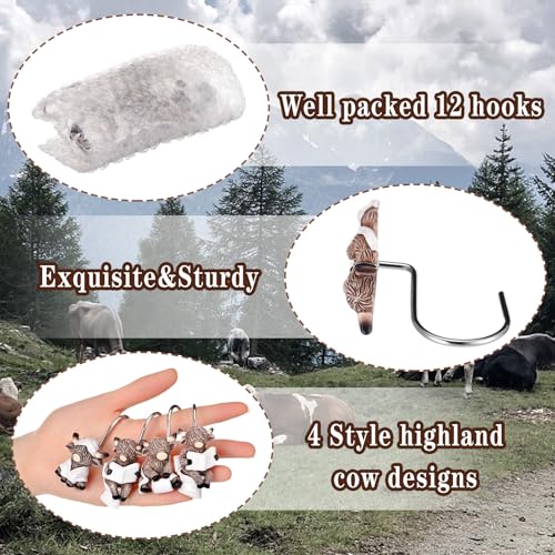 12 Pcs 4 Style Highland Cow Shower Curtain Hooks Rustic Farmhouse Western Decorative Shower Hooks Resin Metal Double Material No-Rust Sliding Curtain Rings for Bathroom Decor for Cow Lovers