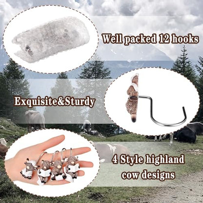 12 Pcs 4 Style Highland Cow Shower Curtain Hooks Rustic Farmhouse Western Decorative Shower Hooks Resin Metal Double Material No-Rust Sliding Curtain Rings for Bathroom Decor for Cow Lovers