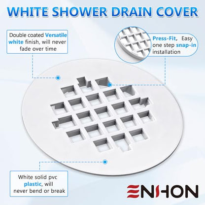 2 Pack 4-1/4 Snap in Shower Drain Cove White,PVC Plastic | Round Strainer Drain Grid, Bathroom Shower Grate Cap Replacement for Hair Catcher - color: White