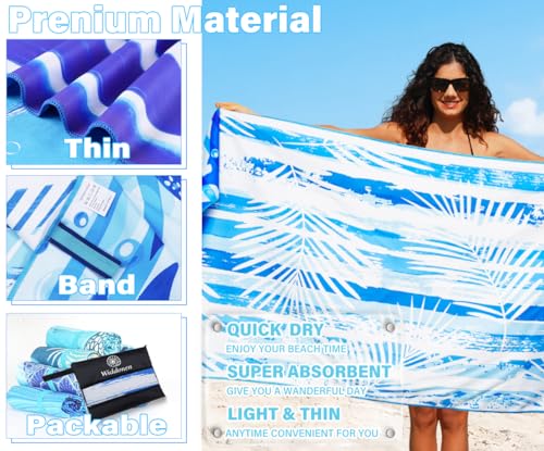 Widdonen Microfiber Beach Towel,Compact 2 Pack-71x32 Inch with Bag Travel | Extra Large,Lightweight,Thin,Sand Free,Quick Dry,Absorbent.Packable for Camping,Swim,Pool,Bath,Picnic,Cruise Essentials Gift - color: 2 Pack Blue Peank Leaves Dream World