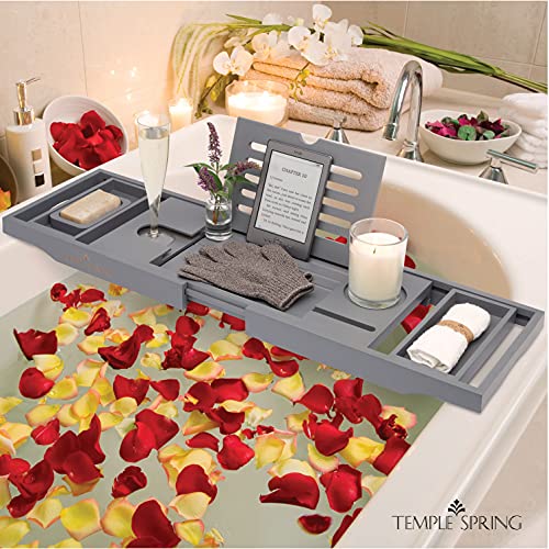 Bamboo Bathtub Tray Caddy for Tub — Expandable Wood Bath Tray with Solid Book Stand Wine Holder and Non-Slip Pads — Includes Bamboo Soap Dish and Spa Accessories — Luxury Bath Gift Set - color: Gray