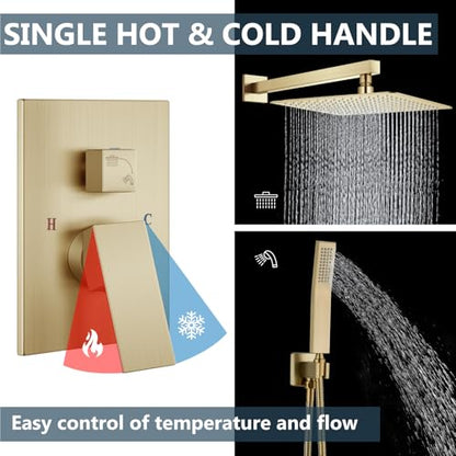 Aolemi Shower Faucet Set with Handheld Brushed Gold 16 Inch Head | Pressure Balance Shower Valve and Trim Kit,SUS304 Rain Head and Handle System,All Metal,Wall Mount,Bathroom,Handheld Spray - color: Gold, size: 16 Inch Wall Mount Shower Head