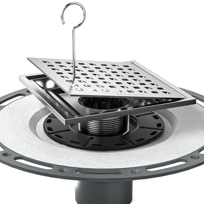 Square Shower Drain w/PVC Bonding Flange Base, 6" Brushed | 304 Stainless Steel Drain w/ Drain Key for Low Profile Shower Tiles, CUPC Certified - color: Brushed6"