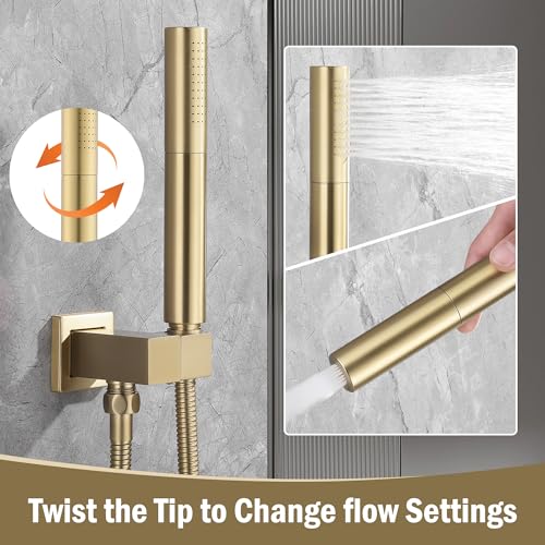 12 Inch Rain Shower System, Brushed Gold Shower Faucet Set with Push Button Diverter, 6 Inch Wall Mounted 3-Functions Bathroom Shower Systems with Dual-Function Handheld - style: UFO