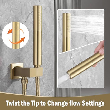 12 Inch Rain Shower System, Brushed Gold Shower Faucet Set with Push Button Diverter, 6 Inch Wall Mounted 3-Functions Bathroom Shower Systems with Dual-Function Handheld - style: UFO
