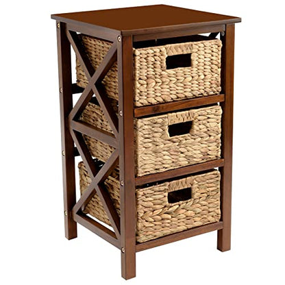 3 Tier X-Side End Storage Cabinet, Walnut | 3 Wicker Baskets - color: Walnut, size: 14"D x 14"W x 25"H (3 Drawers)