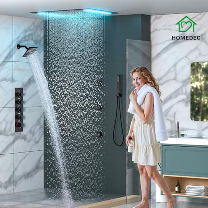 HOMEDEC 14x20inch LED Rainfall Shower System with 6" Wall Mounted Shower Head, 4 Way Thermostatic Diverter Valve, Body Sprays and Handheld, Black - color: Black, style: 4-Way + 1x 6" Top