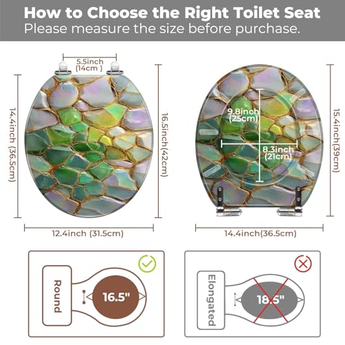 Round Resin Toilet Seat, Quietly Close Quick Release Hinges Cover | Toilet Lid Cover Easy to Clean and Install, Elegant Geometric Mosaic Shimmering Iridescent Leaves Heavy Duty Toilet Seat - color: pattern5, size: O-shape