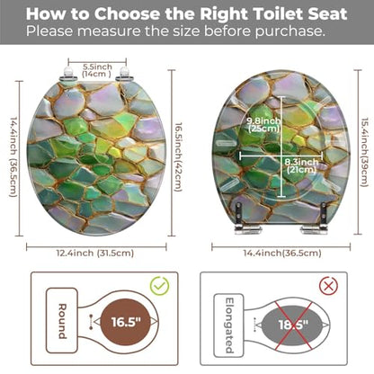 Round Resin Toilet Seat, Quietly Close Quick Release Hinges Cover | Toilet Lid Cover Easy to Clean and Install, Elegant Geometric Mosaic Shimmering Iridescent Leaves Heavy Duty Toilet Seat - color: pattern5, size: O-shape