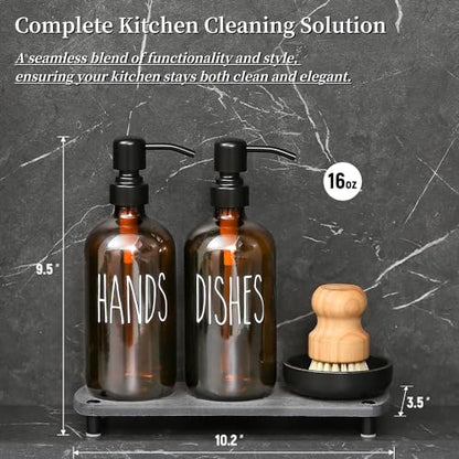 MOMEEMO Amber Glass Soap Dispenser Set Comes with Stainless Steel Pumps | Instant Dry Tray and Dish Scrub Brush, Suitable for Soap Dispenser for Kitchen Sink - color: Amber1
