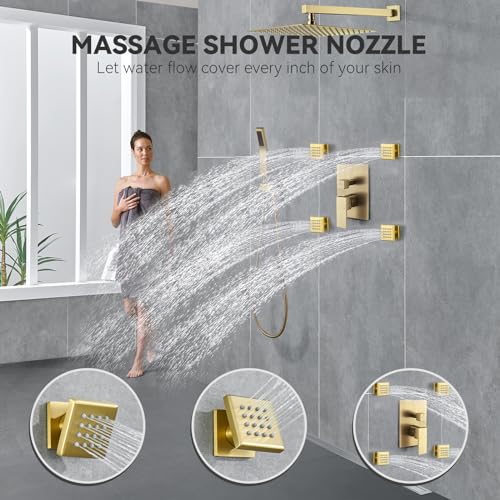 Rain Shower System With Complete 4 Pcs Body Sprays Jets And Pressured Balance Rough-in Valve,12Inch Rainfall Shower Head And Handheld, Modern Brushed Gold Wall Mount Shower Faucets Sets - color: Brushed Gold, style: Wall-Mounted 4 Jets