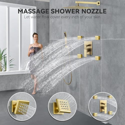 Rain Shower System With Complete 4 Pcs Body Sprays Jets And Pressured Balance Rough-in Valve,12Inch Rainfall Shower Head And Handheld, Modern Brushed Gold Wall Mount Shower Faucets Sets - color: Brushed Gold, style: Wall-Mounted 4 Jets