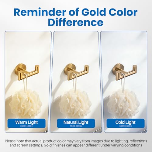 Shower Towel Hook, Wall Mount Robe Hook Holder, Brushed Gold | Stainless Steel Material, Double Hooks Design, Rust-Resistant, Strong Load-bearing Capacity - color: Brushed Gold