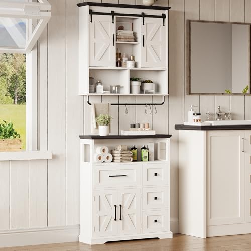 IRONCK Bathroom Wall Cabinet, Farmhouse Medicine Cabinet with Sliding Barn Door and LED Lights, Storage Cabinet Wall Mounted with Adjustable Shelves & Towel Bar for Bathroom, Kitchen, White