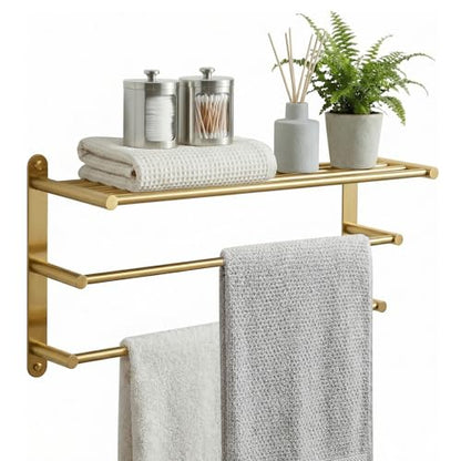 24 Inch Towel Racks for Bathroom: Brushed Gold Towel Rack with Double Towel Bar Wall Mounted - SUS304 Stainless Steel Bath Towel Holder with Shelf for Hotel Lavatory - color: Brushed Gold