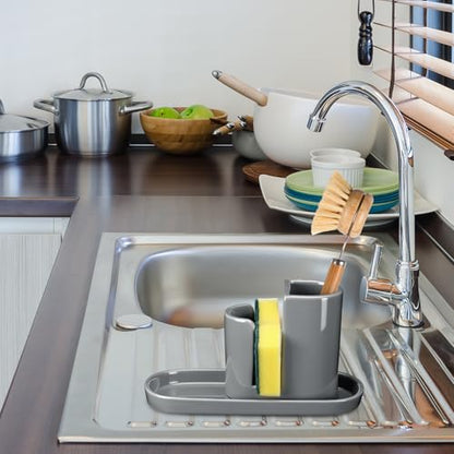 3 in 1 Ceramic Kitchen Sink Caddy Dish Sponge Holder Scrub Brush Holder and Soap Tray for Kitchen Organizer Rustic Farmhouse Supplies (Gray) - color: Gray
