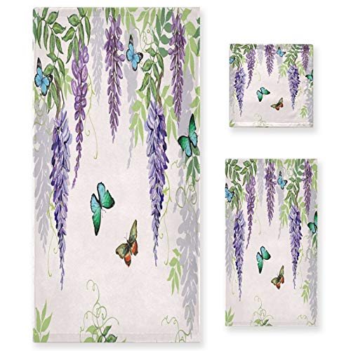 ALAZA Nature Tropical Japanese Flowers Butterflies Wisteria Bath Towel Set Luxury Decorative Set of 3, 1 Bath Towel 1 Hand Towel 1 Washcloth Soft Multipurpose for for Bathroom Hotel Gym Yoga Spa - color: Multi05