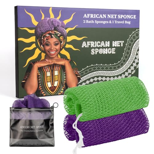 Bathway African Net Sponge Authentic with Handles (Set of 2), African Exfoliating Net Sponge, Exfoliating Body Scrubber Bath Sponge - Bathing Accessories with Storage Bag (Purple & Green) - color: Purple & Green
