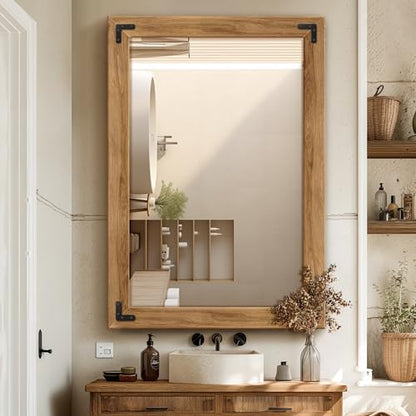Wood Framed Bathroom Vanity Mirror for Wall, 28"x40" Farmhouse Mirror | Solid Wood Frame, HD Shatterproof Glass, Vertical/Horizontal Hanging, Ideal for Bathroom, Living Room, Bedroom - size: 40"L x 28"W