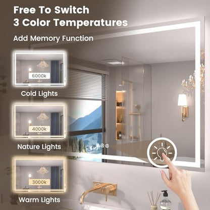 Snowdool 48 x 40 in LED Bathroom Mirror, Front and Backlit, Anti-Fog | Front and Backlit, 3 Color Temperatures, Anti-Fog, Tempered Glass - size: 40"L x 48"W