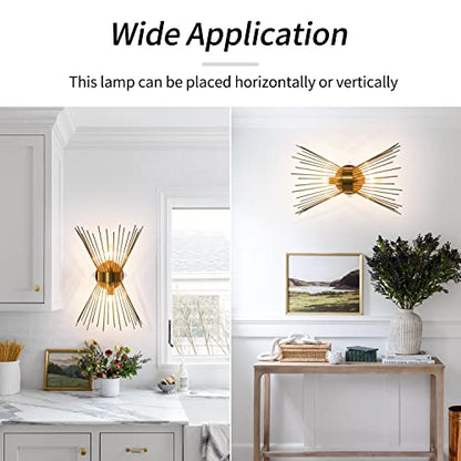 2-Light Bathroom Vanity Light, Mid-Century Modern Starburst Gold Wall Sconce, Bedside Electroplate Brass Wall Light Fixture, Wall Lamp for Powder Room Bedroom Bathroom Hallway Entryway, Set of Two