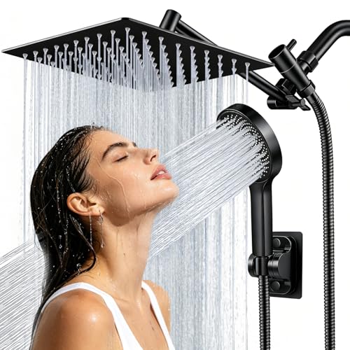 Shower Head, 8 inch Multifunction High Pressure Rain Shower Head with Handheld Spray Combo with 11'' Angle Adjustable Extension Arm/Flow Regulator/Shower System Matte Black - color: Black, size: 8 Inch