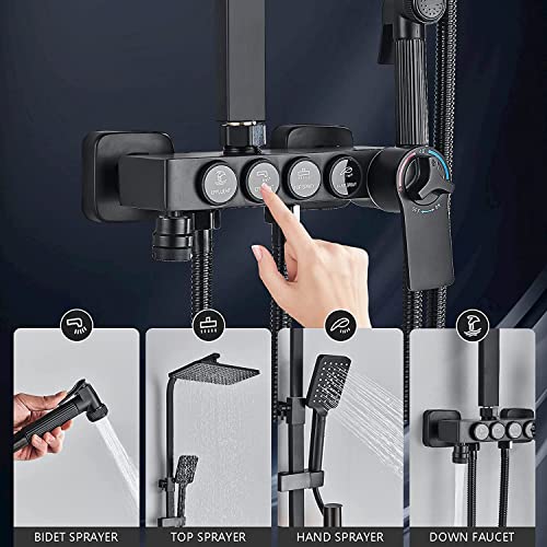 Shower System Matte Black Bathroom Thermostatic Shower Faucet Set with Tub Spout,Shower Head,3 Functions Hand Sprayer,Bidet and Shelf Rain Outdoor Shower Fixtures Kit Wall Mounted