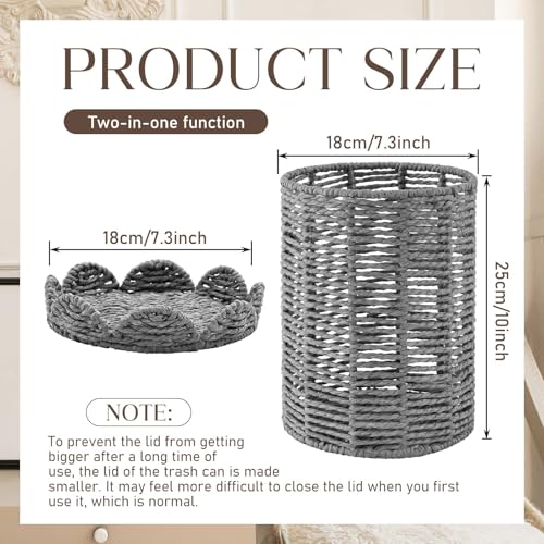 Ctosree 1.3 Gallons Small Wicker Trash Can with Lid Handle Woven Wicker Rattan Bathroom Waste Basket Boho Trash Basket with 100 Plastic Garbage Bags for Bedroom Office Laundry (Scalloped Style, Gray) - color: Gray, size: 1.3 Gallons, style: Scalloped Styl
