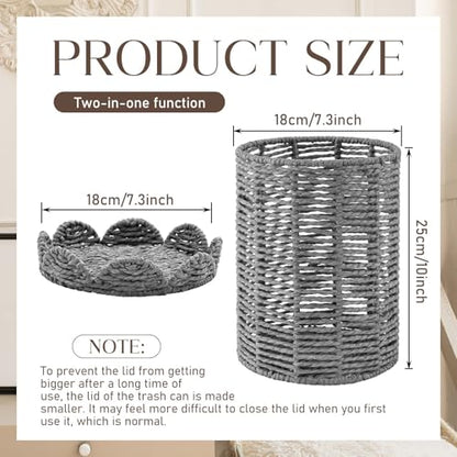 Ctosree 1.3 Gallons Small Wicker Trash Can with Lid Handle Woven Wicker Rattan Bathroom Waste Basket Boho Trash Basket with 100 Plastic Garbage Bags for Bedroom Office Laundry (Scalloped Style, Gray) - color: Gray, size: 1.3 Gallons, style: Scalloped Styl