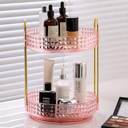 Fangoo 2 Tiers Pink Rotating Makeup Organizer for Vanity 360 Spinning Skincare Organizers for Dresser Perfume Organizer Large Skincare Make up Storage Cosmetic Organizer for Bathroom Countertop - color: Pink-A, size: 2 Tiers