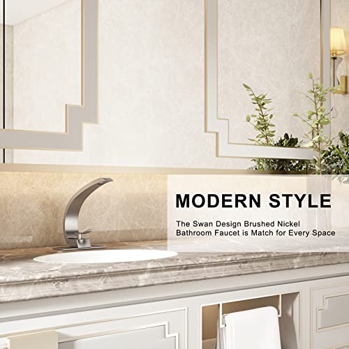 Brushed Nickel Bathroom Faucet,Modern Single Hole Bathroom Faucet,High Arc Brass Bathroom Sink Faucet with 1 Hole 3 Hole Mount 6-Inch 10-Inch Deckplate,Pop Up Overflow Drain Assembly Included - color: Brushed Nickel, style: With Drain
