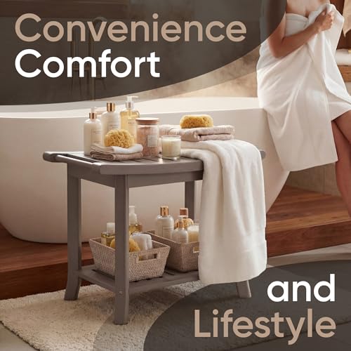 Teak shower bench with Storage Shelf, Shower Stool for Inside Shower, Waterproof Shower Bench Seat, Shower Chair for Inside Shower, Wood Bench, Bathroom Bench (Natural Wood) (Gray Wood) - color: Gray Wood