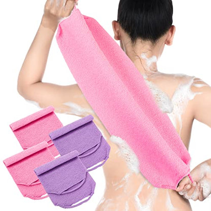 Moukeren Exfoliating Back Scrubber with Handles 4 Pack Nylon Back Exfoliator Extended Length Washers Scrubbers Stretchable Pull Strap Exfoliating Washcloth(Pink, Purple) - color: Pink, Purple