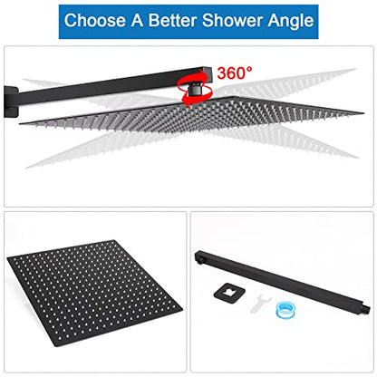 Shower Head with Extension Arm, High Pressure Square with ShowerArm, Stainless Steel Rainfall-Waterfall Full Body Coverage (16'' Shower with 20'' Arm, Matte Black) - color: Matte Black, size: 16'' Shower with 20'' Arm