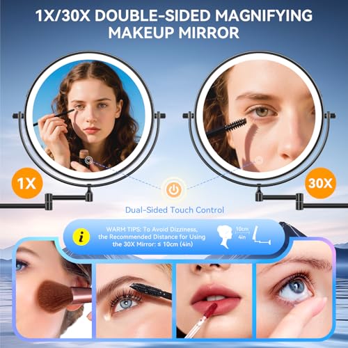 Auxmir 10″ 5000mAh 1X/30X Wall Mounted Lighted Magnifying Makeup Mirror | Double‑Sided Button, Rechargeable, 3 Dimmable Colors, 360° Rotation, Extended Arm, 30X Magnification, Bathroom, Black - color: 10'' 30x-black