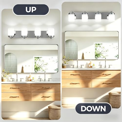 29 Inches Bathroom Vanity Light, 4-Light Chrome Bathroom Light Fixtures Over Mirror, Bathroom Light Shower Lamp with Milky White Square Glass Shade, Modern Farmhouse Lighting Fixtures - color: Chrome, size: 29 Inch : 4-lights