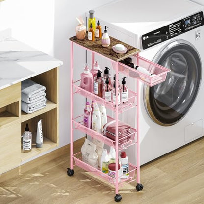KINGRACK 4-Tier Slim Storage Cart, Metal Rolling Cart, Organizer with Wooden Tabletop and Drawer Basket, Mobile Shelving Unit for Kitchen, Bathroom, Laundry Room, Pink - color: Pink