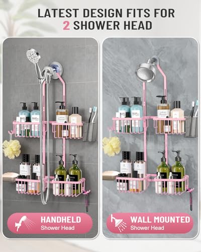 Adjustable Shower Caddy Hanging for Handheld Showerheads - Never Rust Shower Hanging Organizer, Upgraded Bathroom Shower Rack with Soap Basket, Hooks and Toothbrush Holder (Pink) - color: Pink