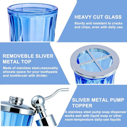 Blue Bathroom Accessories, Round Thick Glass & Metal Pump | Beautiful & weight, 5 pcs soap dispenser, toothbrush holder, soap dish, tumbler & jar, for mission/amish style - style: Round(Blue)